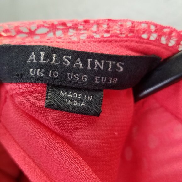 Allsaints Lilith Dress Sz 6 Eyelet Fit & Flare A-Line Coral Red Lace Sheer Lined - Picture 14 of 16